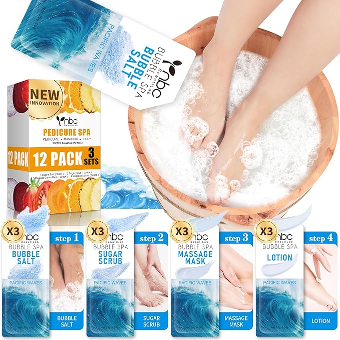 Pedicure Kit Foot Soak Set: Bubble Salt, Sugar Scrub, Massage Mask, Massage Lotion in a Box, 4 Step Foot Spa Kit for Dry Feet, Calluses and Tired Feet(3 Set Pacific Waves)