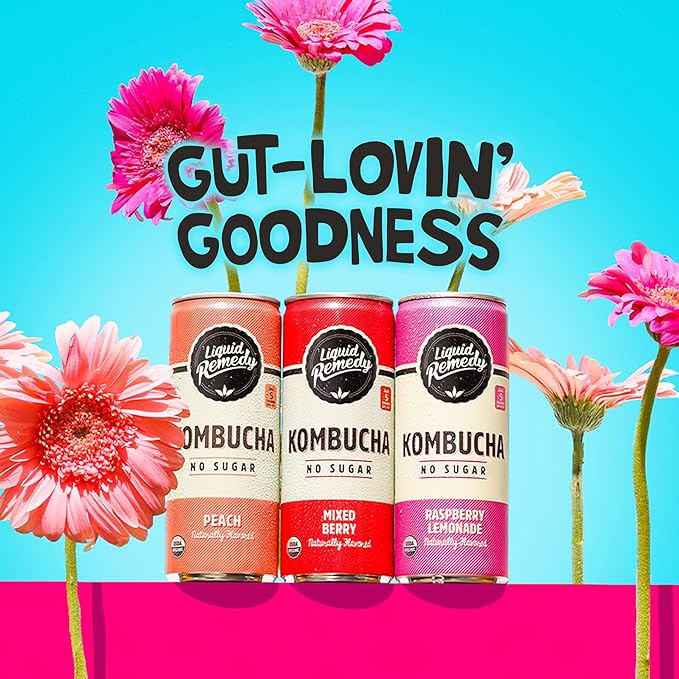 Liquid Remedy Kombucha Sugar Free Organic Drink, Low Calorie, Probiotic Like Tea for Gut Health - Fruity Faves Variety Pack - 8.5 Fl Oz Can, 12-Pack