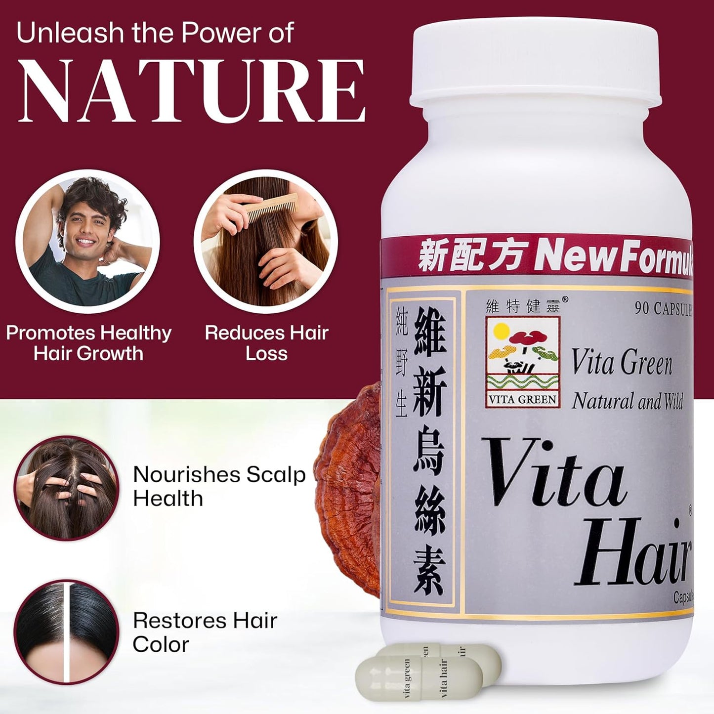 Vita Hair Growth & Hair Loss Supplement - 100% Natural Herbs Potent Formula for Graying Thinning Hair - Stimulate New Hair Follicles - 90 Capsules