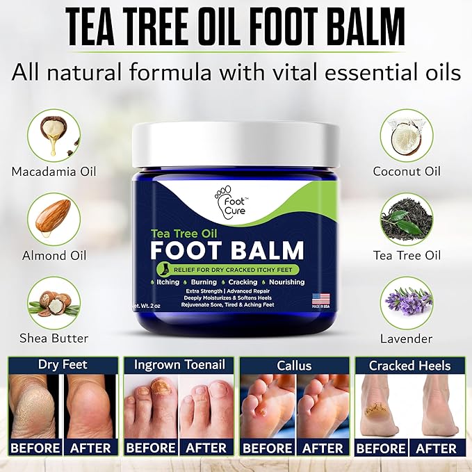 Tea Tree Oil Balm – Moisturizer for Dry Cracked Feet – Instantly Hydrates & Soothes Irritated Skin & Athlete's Foot – Best Foot Care for Women and Men – Made in USA 2PK