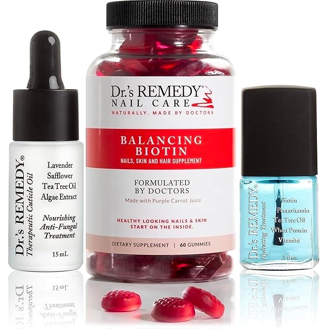 Dr’s Remedy 3 Pack Nail Polish Treatment Kit, HELPFUL Healing Trio, All Natural Enriched Nail Strengthener Non Toxic and Organic - CARESS Cuticle Oil/Hydration Nail Moisture/BALANCING Biotin Supplement