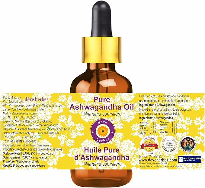 dève herbes Pure Ashwagandha Oil (Withania somnifera) with Glass Dropper 30ml (1 oz)