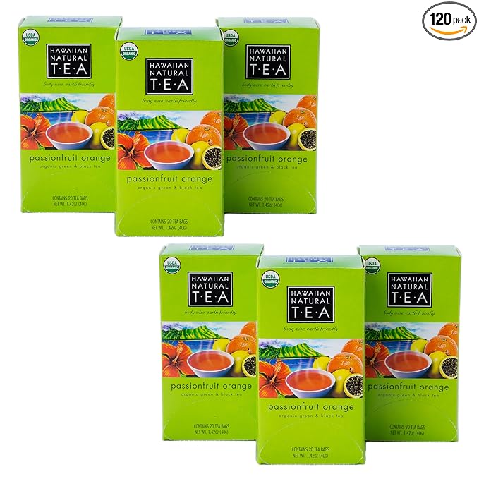Hawaiian Natural Tea Passion Fruit Orange Flavored Organic Tea - Tropical Fruit Green Tea Blend with Black Tea - Perfect Daily Cup & Gift for Tea Lovers - 120 Tea Bags