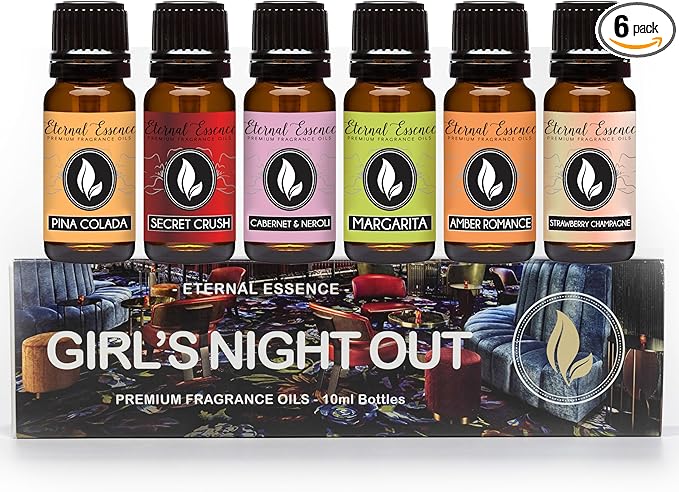 Eternal Essence Oils Girl's Night Out Set of 6 Premium Fragrance Oils - Includes Strawberry Champagne, Pina Colada, Secret Crush, Margarita, Amber Romance, and Cabernet & Neroli Scented Oils - 10ML