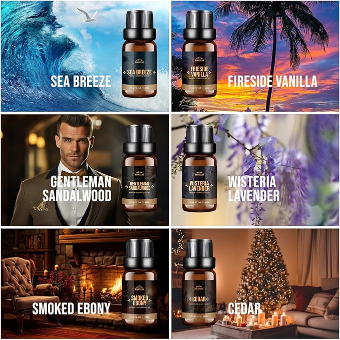 Fragrance Oil, Charming Men's Set Diffuser Oil for Home, Soap & Candle Making Scents, Aromatherapy Essential Oils -Sea Breeze, Fireside Vanilla, Cedar and More(6 * 10ML)