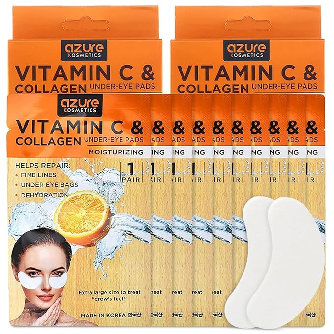 AZURE Collagen & Vitamin C Hydrating Under Eye Pads - Toning, Moisturizing & Rejuvenating Eye Mask Patches - Reduces Fine Lines, Wrinkles, Dark Circles & Puffiness - Skin Care Made in Korea - 10 Pairs