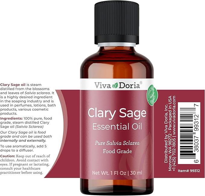 Viva Doria Clary Sage Essential Oil, 100% Pure, Natural Clary Sage Essential Oil, Undiluted, for Aromatherapy | Food Grade, 30 mL (1 Fluid Ounce)