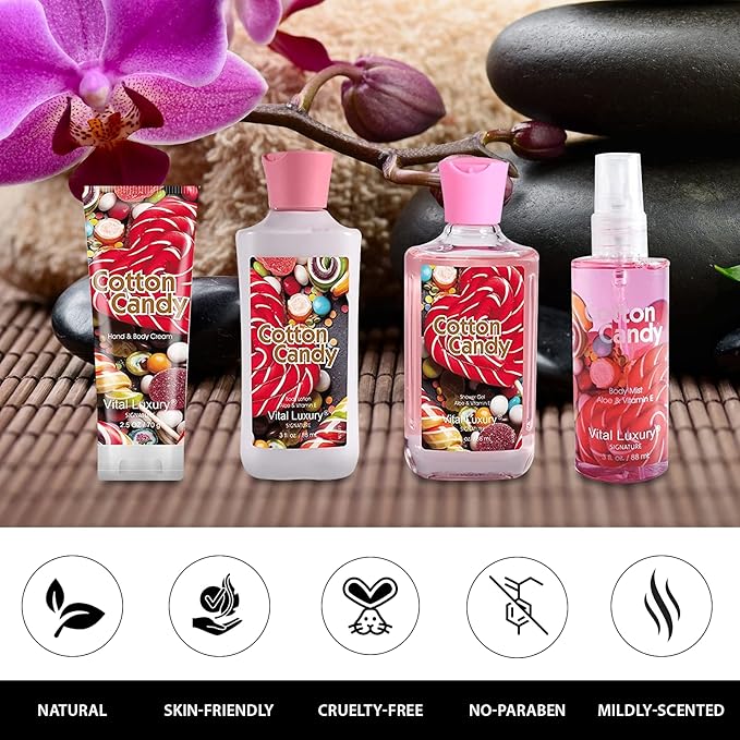 Cotton Candy Bath & Body Kit, 3 Fl Oz, Ideal Skincare Gift Home Spa Set, Includes Body Lotion, Shower Gel, Body Cream, and Fragrance Mist, Birthday Mother's Day Gifts