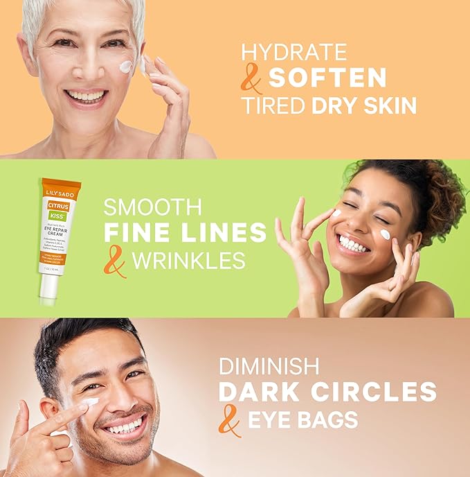 LILY SADO CITRUS KISS™ Eye Repair Cream - Antioxidant-Rich Natural Formula w/Peptides, Sodium Hyaluronate, and VITS C, B5 & E - Prevents Puffiness, Under-eye Wrinkles, Discoloration & Eye Bags - 1oz