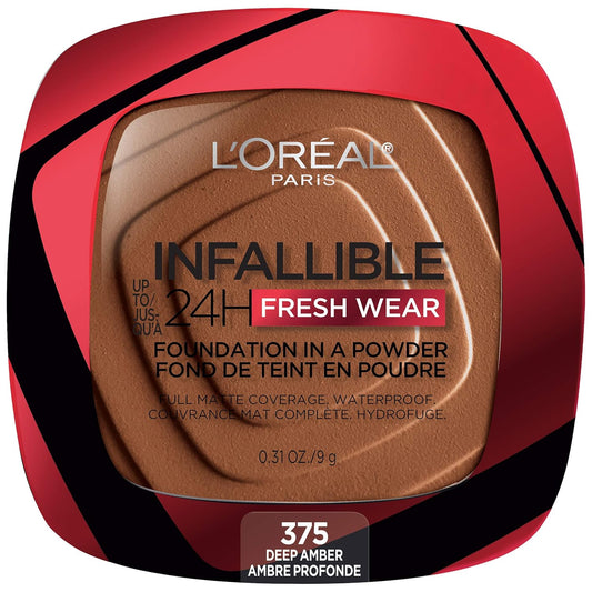 L'Oreal Paris Makeup Infallible Fresh Wear Foundation in a Powder, Up to 24H Wear, Waterproof, Deep Amber, 0.31 oz.