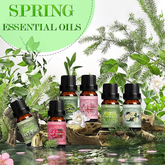 SALKING Spring Fragrance Oils Set, Premium Essential Oils Gift Set for Diffuser, Scented Oil for Soap & Candle Making - After Rain, Fresh Cut Grass, Sweet Pea, Rose Geranium, Cherry Blossom, Gardenia