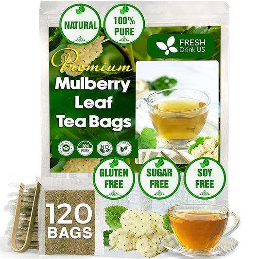 FreshDrinkUS, Premium 120 Mulberry Leaf Tea Bags, 100% Natural & Pure from Mulberry Leaves. Loose Leaf Mulberry Herbal Tea. Made with Natural Material Tea Bags. No Sugar, No Caffeine, No Gluten, Vegan.