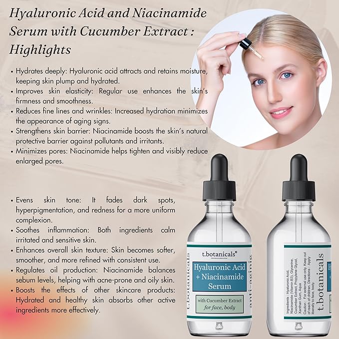 Pure Hyaluronic Acid and Niacinamide Serum with Cucumber Extract 2/4/8 oz. Minimize Pores Helps to Eliminate Fine Lines Plumping Anti-Aging Face Skin Intense Hydrating and Moisturizing (2 oz.)