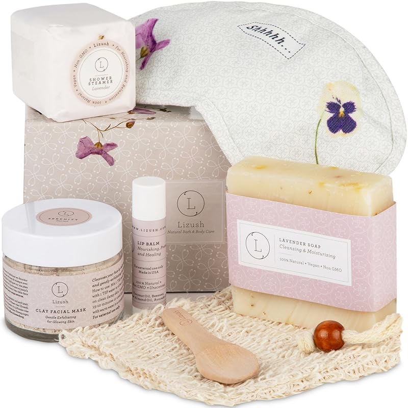 Lizush Luxury Spa Gifts for Women - 6 Piece Lavender Gifts for Her, Gift Baskets for Women, Body Care Set for Mom, Birthday Box, Self Care Spa Kit For Wife - Handmade in the USA