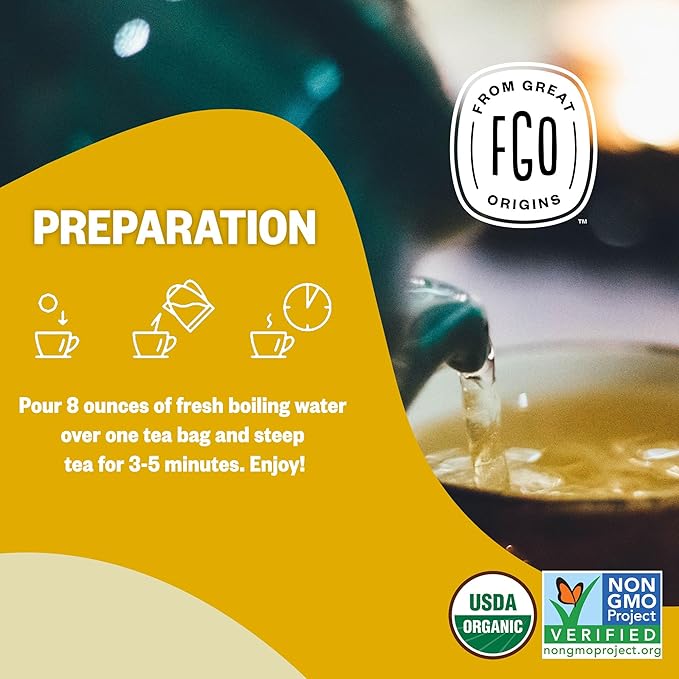 FGO Organic Lemon Ginger Tea, 100 Count, Eco-Conscious Tea Bags, Resealable Bag, Caffeine Free, Packaging May Vary (Pack of 1)