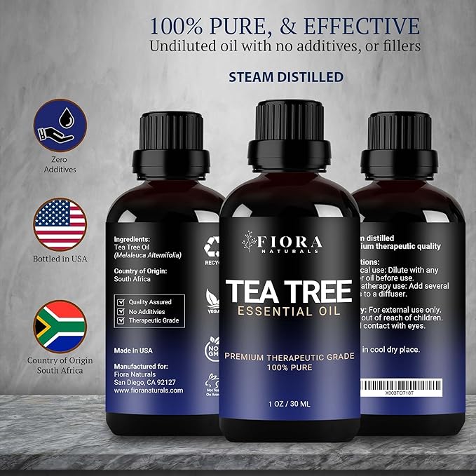 Tea Tree Oil for Toenails - 100% Pure Tea Tree Essential Oil for Skin, Foot Care, Piercing, Dandruff, Hair & Scalp Care. Natural Remedy for Discolored and Damaged Nails, Pure Melaleuca Alternifolia