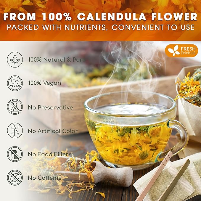FRESHDRINKUS 75 Calendula Tea Bags, 100% Natural and Pure Calendula Flowers, Eco-conscious Tea Bags. Calendula Flower Herbal Tea. No Sugar, No Caffeine, No Gluten, Vegan.