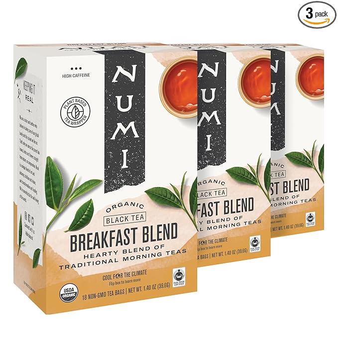 Numi Organic Breakfast Blend Tea, 18 Tea Bags (Pack of 3), Assam, Ceylon & Darjeeling Black Teas (Packaging May Vary)