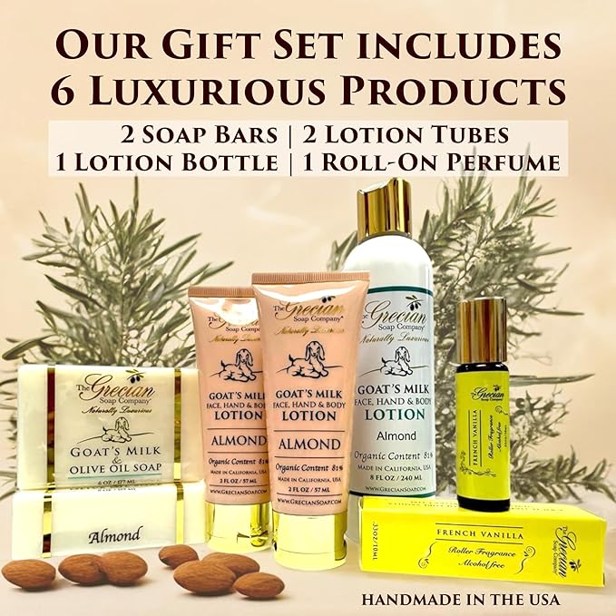 Deluxe Gift Basket for Women - 6pcs Goat Milk & Olive Oil Skin Care Set, Birthday Gifts, Spa Gift, Bridal Shower Gifts, Gifts for Mom, Almond Scent, Handmade in the USA