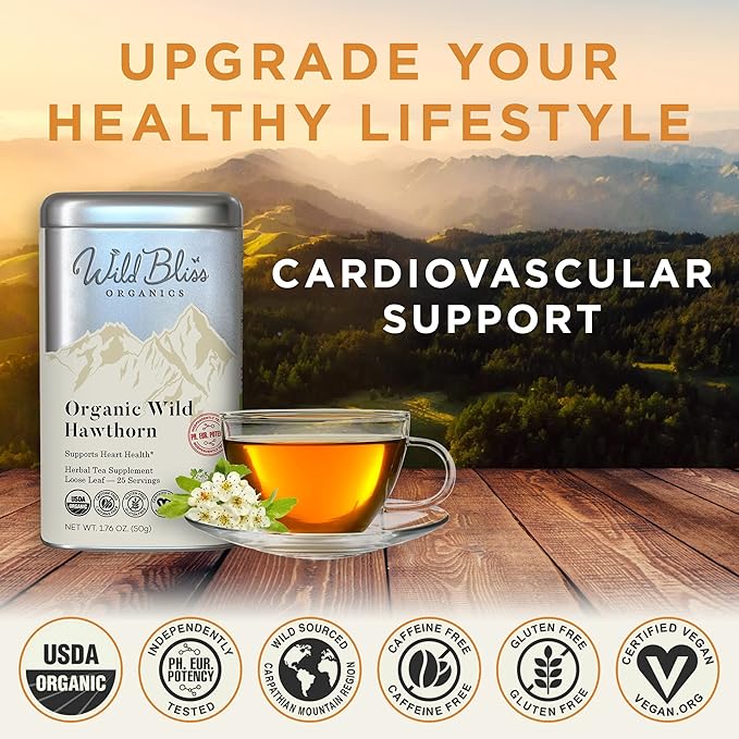 Wild Bliss Organic Hawthorn Loose Leaf and Flower Tea - Caffeine Free Heart Health Herbal Support - 1.76 Oz - 25 Servings