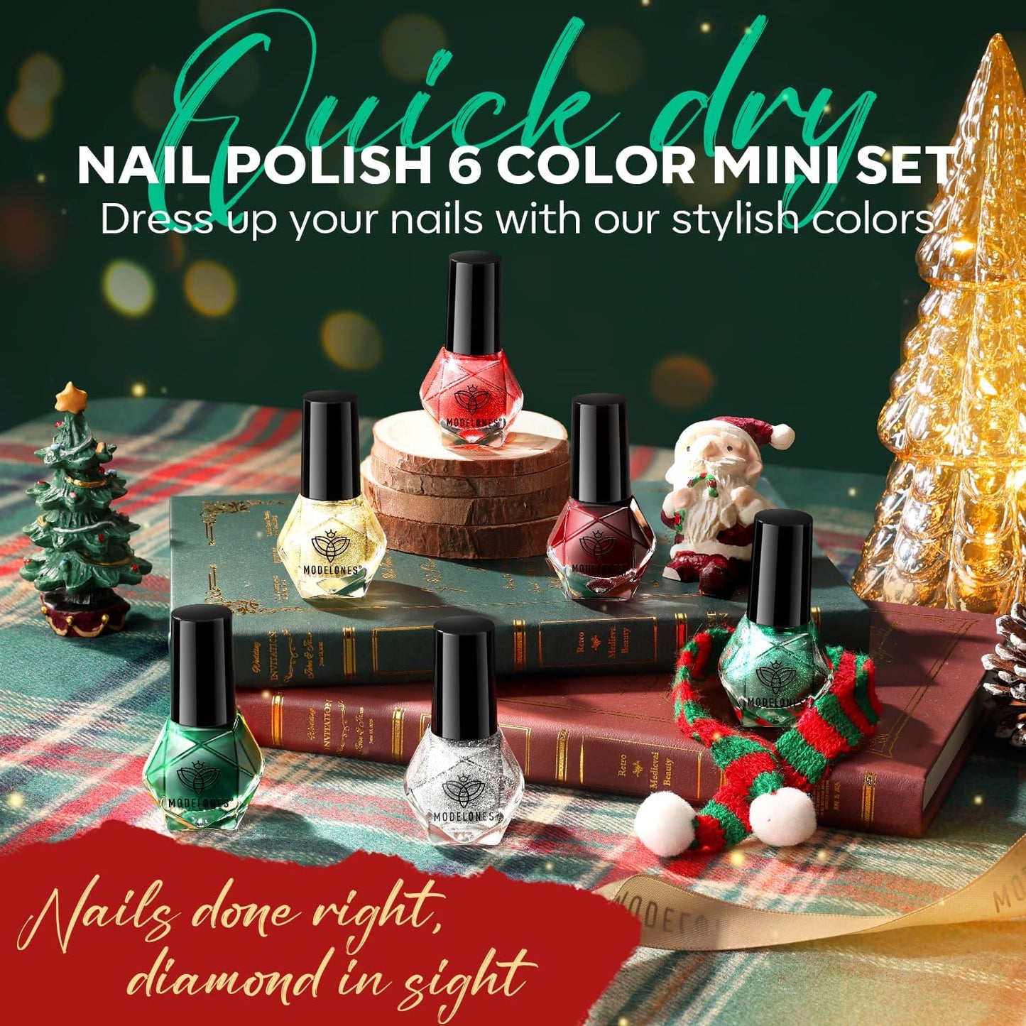 modelones Nail Polish Set 6 Colors Red Green Glitter Mini Nail polish Set Gold Silver Nail Polish Kit Quick Dry Manicure Nail Art Manicure DIY Home Salon Gift for Women Mom