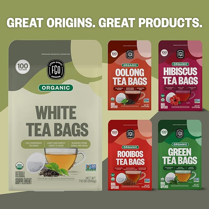 FGO Organic White Tea, 100 Count, Eco-Conscious Tea Bags, Resealable Bag, Packaging May Vary(Pack of 1)