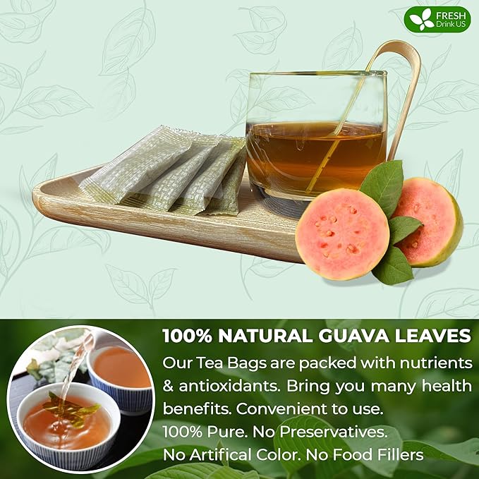 FreshDrinkUS, Premium 75 Guava Leaf Tea Bags, 100% Natural & Pure from Guava Leaves. Loose Leaf Guava Herbal Tea. Guava Leaf Tea. No Sugar, No Caffeine, No Gluten, Vegan.