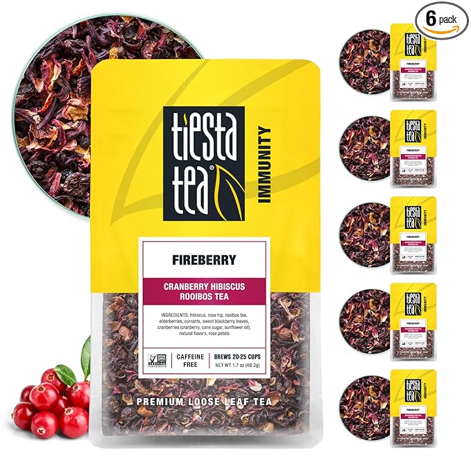 Tiesta Tea - Fireberry | Loose Leaf | Cranberry Hibiscus Rooibos Tea | Premium Non-Caffeinated Rooibos Blend | Make Hot or Iced & Brews Up to 25 Cups | 1.7oz Resealable Pouch, Pack of 6