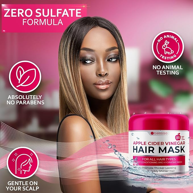 Apple Cider Vinegar Deep Conditioning Mask - Treatment for Dry Damaged Hair and Split End Repair - Sulfate Free Formula with Collagen, Keratin and Argan Oil - For Flaky Scalp and Dandruff Relief
