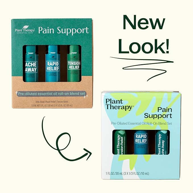 Plant Therapy Pain Support Essential Oil Roll On Blend Set 10 mL (1/3 oz) Each of Ache Away, Rapid Relief & Tension Relief, Pure, Pre-Diluted, Essential Oil Blends