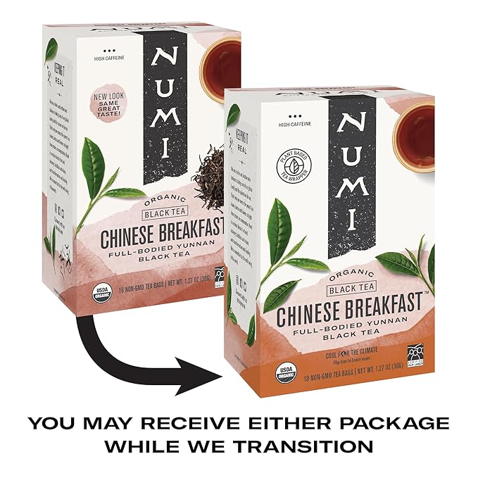 Numi Organic Chinese Breakfast Tea, 18 Tea Bags, Full Bodied Yunnan Black Tea, Caffeinated (Packaging May Vary)