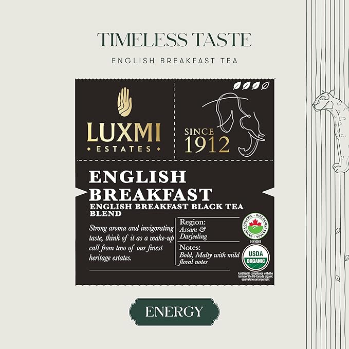 Luxmi Estates - Tale of Two Estates - Organic English Breakfast Tea - 25 Tea Bags | Made with Organic Darjeeling & Assam Tea from India | Smooth, Flavorful, Robust and Caffeinated