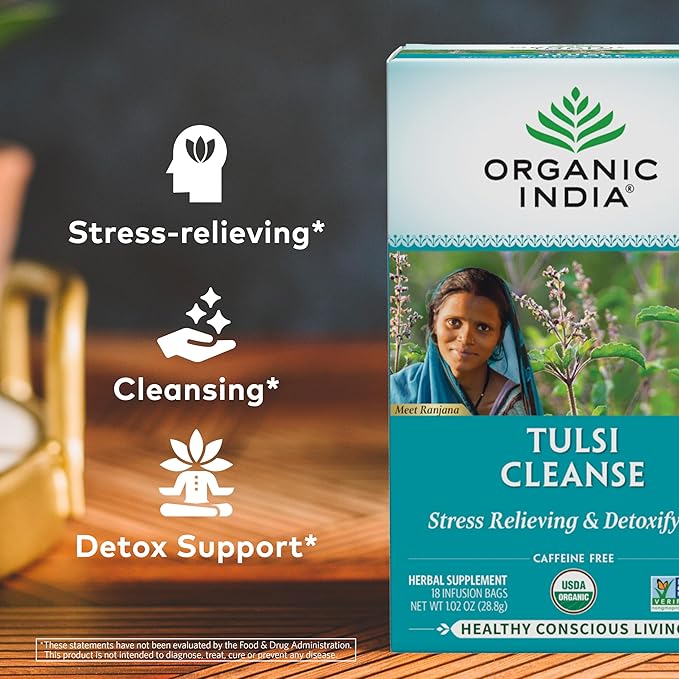 ORGANIC INDIA Tulsi Cleanse Tea - Holy Basil, Ginger, Turmeric, Herbal Tea, Stress Relieving & Cleansing, Immune Support, Adaptogen, Organic, Non-GMO, Caffeine-Free - 18 Infusion Bags, 3 Pack