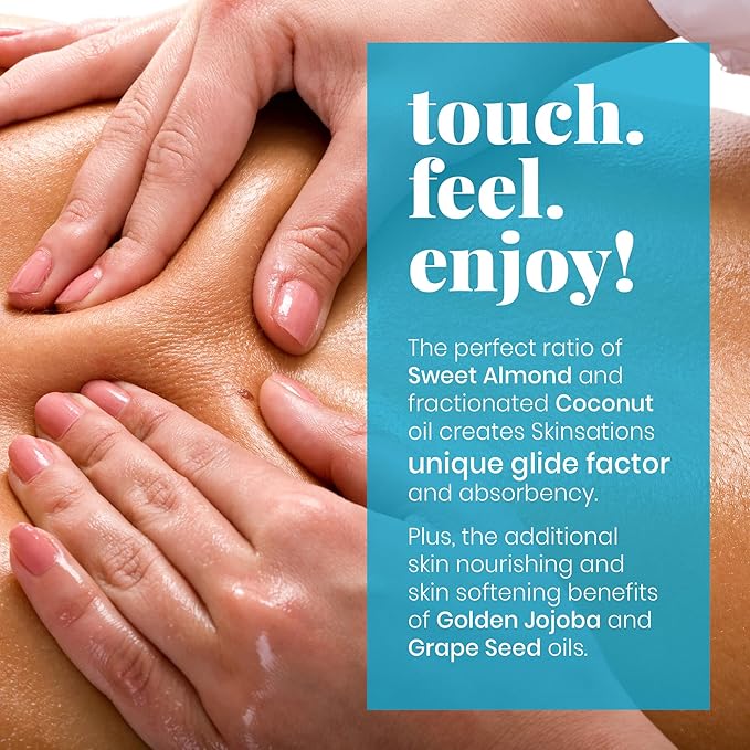 Skinsations - Unscented Massage Oil for Massage Therapy - 8oz | Silky-Soft Blend of Sweet Almond, Fractionated Coconut, Grapeseed and Jojoba Oil | Scented Body Oil, Sore Muscles, Aromatherapy