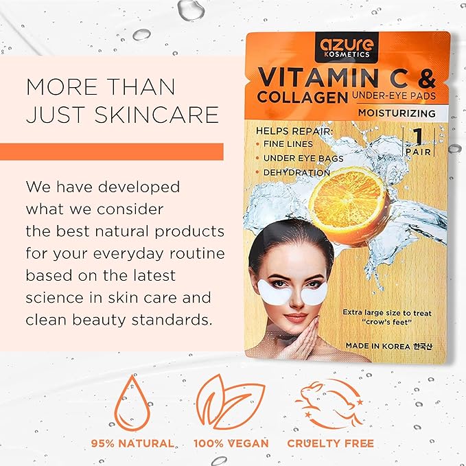 AZURE Collagen & Vitamin C Hydrating Under Eye Pads - Toning, Moisturizing & Rejuvenating Eye Mask Patches - Reduces Fine Lines, Wrinkles, Dark Circles & Puffiness - Skin Care Made in Korea - 10 Pairs