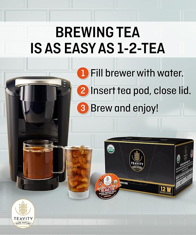TEAVITY Organic Coconut Island Tea - Compatible With Keurig K-cup 2.0 Brewers - Energy, Revitalizing, Refreshing Tea Pod - Works With Keurig Tea Pods & Tea K Cups 12 Count (Pack of 1)