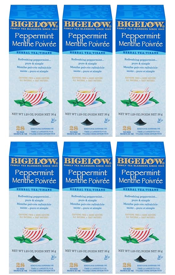 Bigelow Peppermint Herbal Tea 28-Count Boxes (Pack of 6) Caffeine-Free Bagged Herbal Tea in Individually Wrapped Foil Packets Contains Peppermint Leaves and Nothing Else