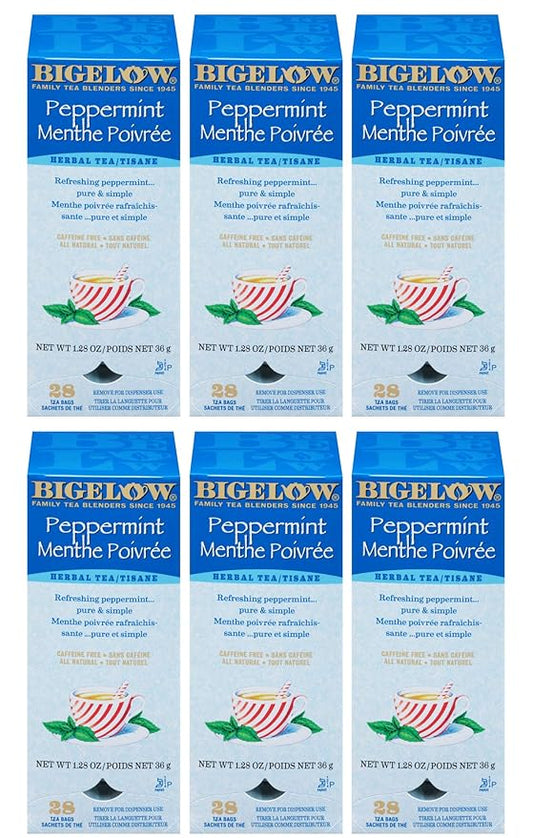 Bigelow Peppermint Herbal Tea 28-Count Boxes (Pack of 6) Caffeine-Free Bagged Herbal Tea in Individually Wrapped Foil Packets Contains Peppermint Leaves and Nothing Else