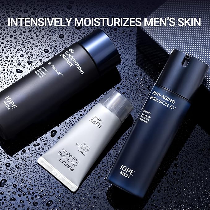 IOPE MEN BIO Anti-aging & Moisturizing Set, Cleanser, Emulsion, Conditioning Essence Serum and Soothing Aftershave, HOMME Korean Skincare by Amorepacific