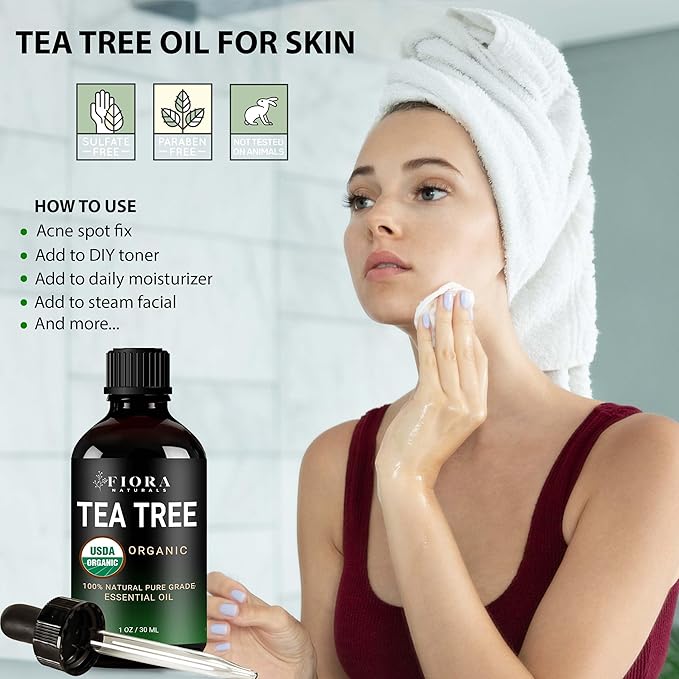 Tea Tree Essential Oil by Fiora Naturals- 100% Pure Organic Oil, for Face, Hair, Skin, Acne, Scalp, Foot and Toenails. Melaleuca Alternifolia, 1 oz /30ml