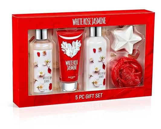 Freida & Joe Fragrance Bath & Body Collection Gift Box, Includes Shower Gel, Body Lotion, Body Scrub, Bath Bomb & Sponge (White Rose Jasmine)