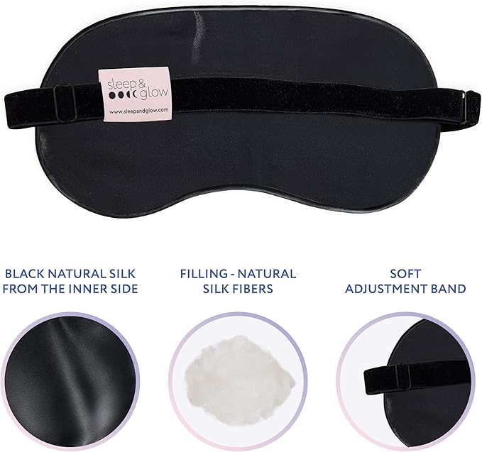 SLEEP & GLOW Silk Sleep Eye Mask Luxury Mulberry 22 Momme 100% Natural Triple Silk Blindfold with Adjustable Strap for Comfortable Sleeping & Face Skin Care (Black)