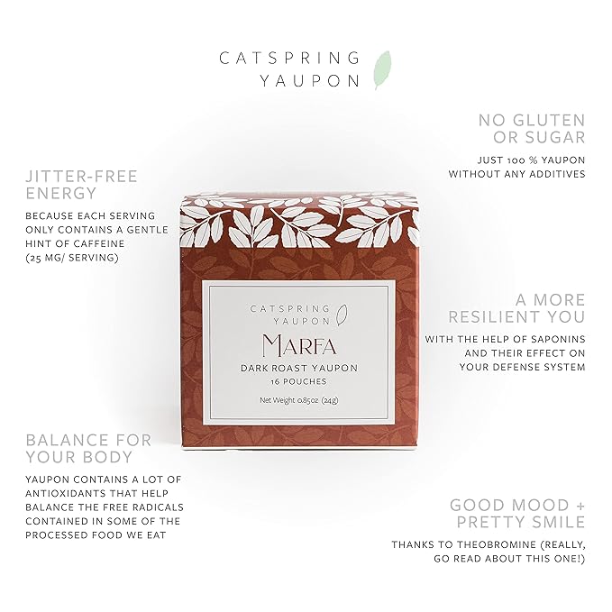 CatSpring Marfa Dark Roast Black Yaupon Tea - Naturally Caffeinated Texas Tea, Individually Packed Herbal Teabags, 16 Bags per Box