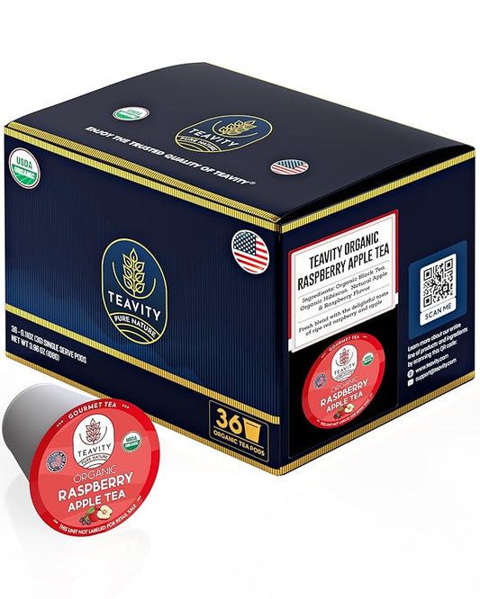 Organic Raspberry Apple Black Tea Pods for Keurig - Naturally Caffeinated Fruit Tea by Teavity (36 Tea Pods)