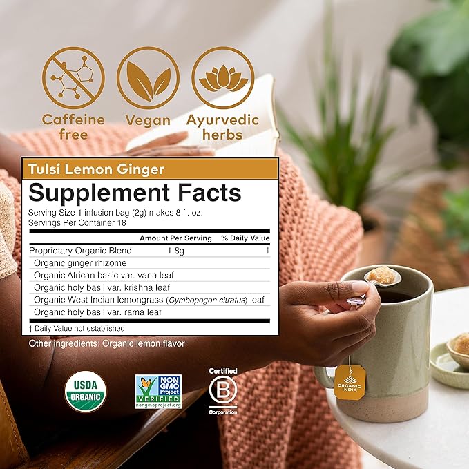 ORGANIC INDIA Tulsi Lemon Ginger Tea Bags - Herbal Tea, Stress Relieving & Reviving, Immune Support, Aids Digestion, Vegan, USDA Certified Organic, Non-GMO, Caffeine-Free - 18 Infusion Bags, 3 Pack