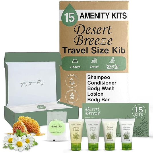 Desert Breeze Amenity Kit | Boxed Hotel Toiletries Bulk Set | 1 oz Shampoo, Conditioner, Lotion, Body Wash & Body Bar Soap | 15 Sets per Case