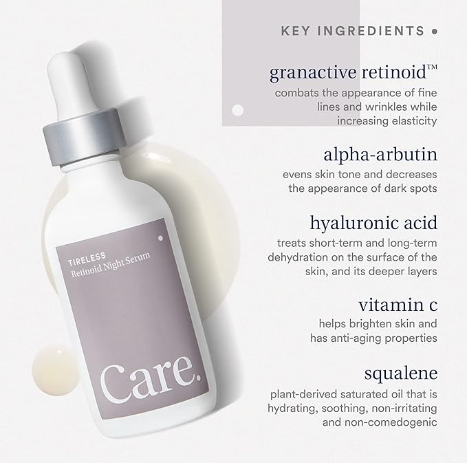 Care Skincare - Tireless Retinoid Serum for Face, Paraben-Free Vegan Night Serum with Hyaluronic Acid, Squalane, and Granactive Retinoid, Improves Dark Spots and Promotes Cell Renewal (1 oz)