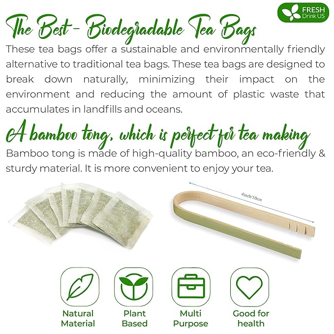 FreshDrinkUS, Premium 75 Tulsi Green Tea Bags, 100% Natural, Blend of Tulsi Holy Basil Leaves, and Green Tea Leaves. Made with Natural Material Tea Bags. No Sugar, Vegan.