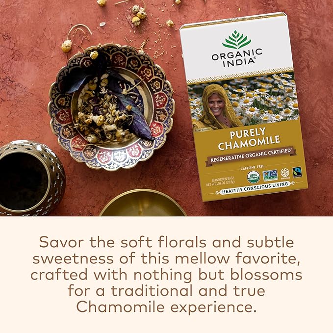 Organic India Purely Chamomile Tea- Regenerative Organic Chamomile Flowers, Caffeine Free, Calming & Relaxing Herbal Tea, Pure Chamomile, Natural Support for Sleep & Relaxation- 18 Tea Bags, Pack of 3