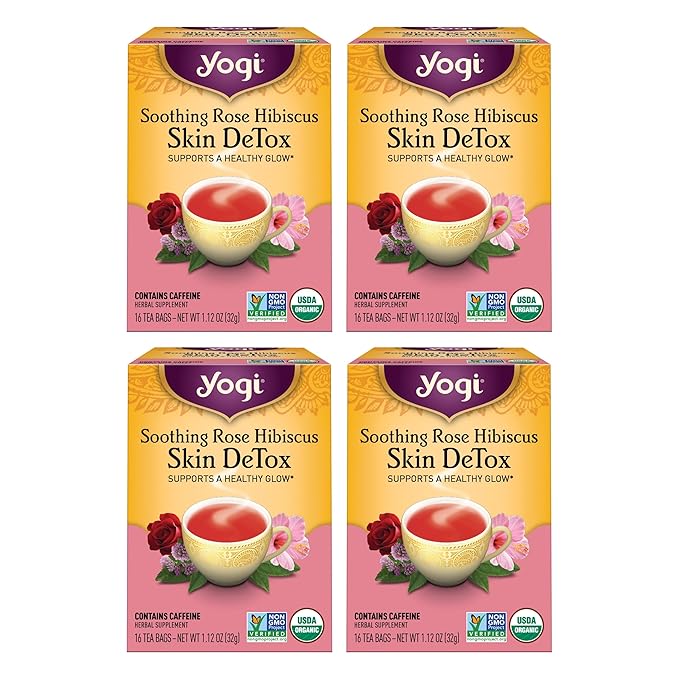 Yogi Tea Soothing Rose Hibiscus Skin DeTox Tea - 16 Tea Bags per Pack (4 Packs) - Organic DeTox Tea to Support Skin Health - Includes Green Tea Leaf, Rose Petal, Honeybush Leaf, Hibiscus & More